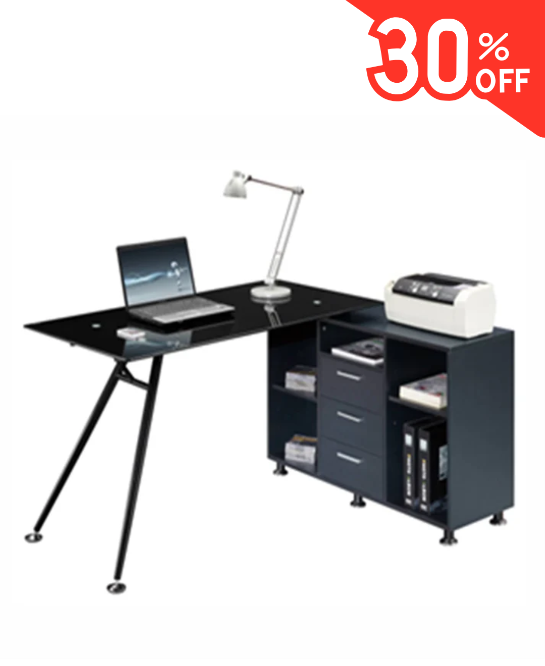 Escritorio premium gaveteros color negro moderno vidrio y metal – alta durabilidad