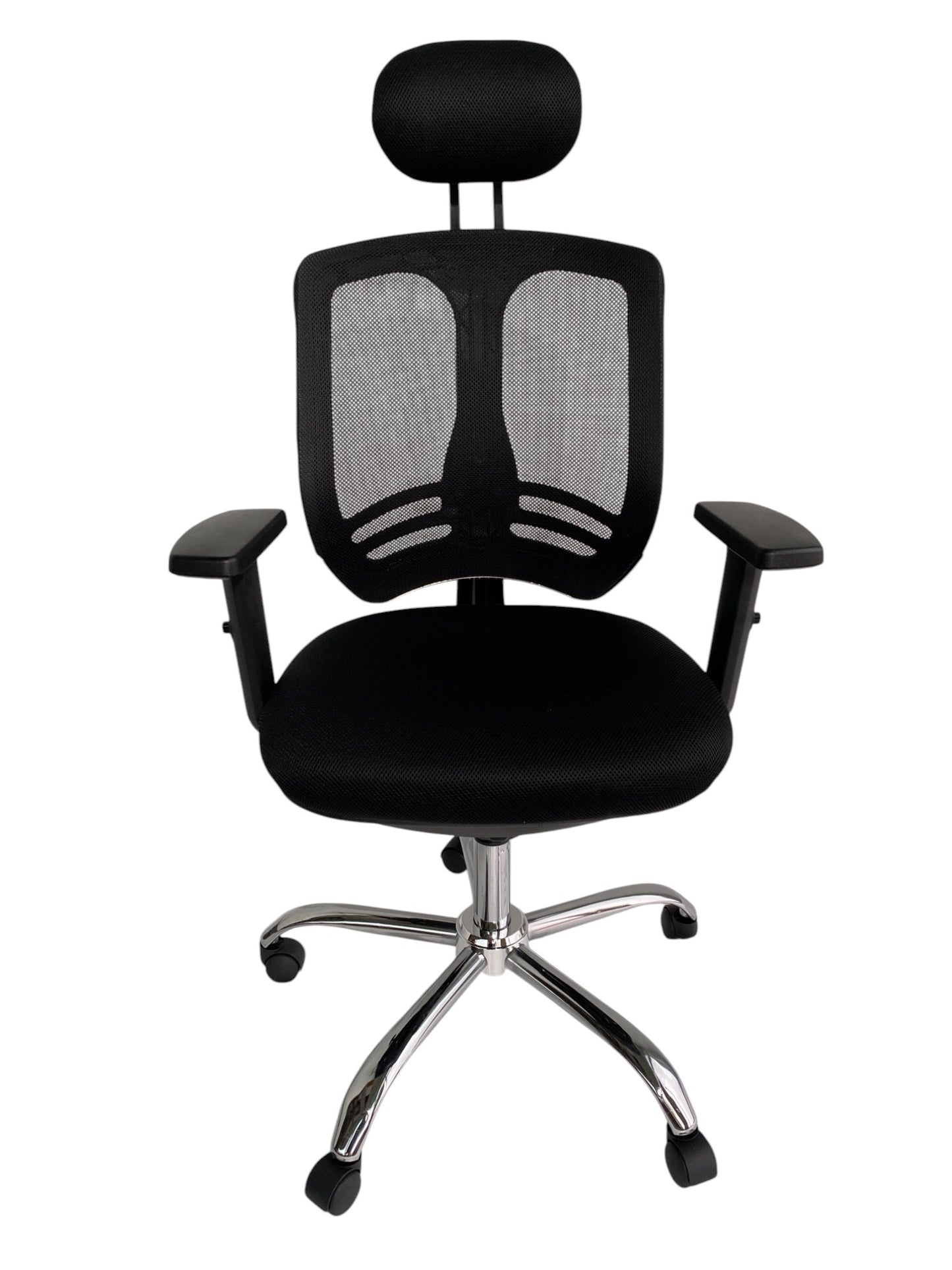 Silla ergonómica de oficina con respaldo de malla, apoya cabeza y base cromada