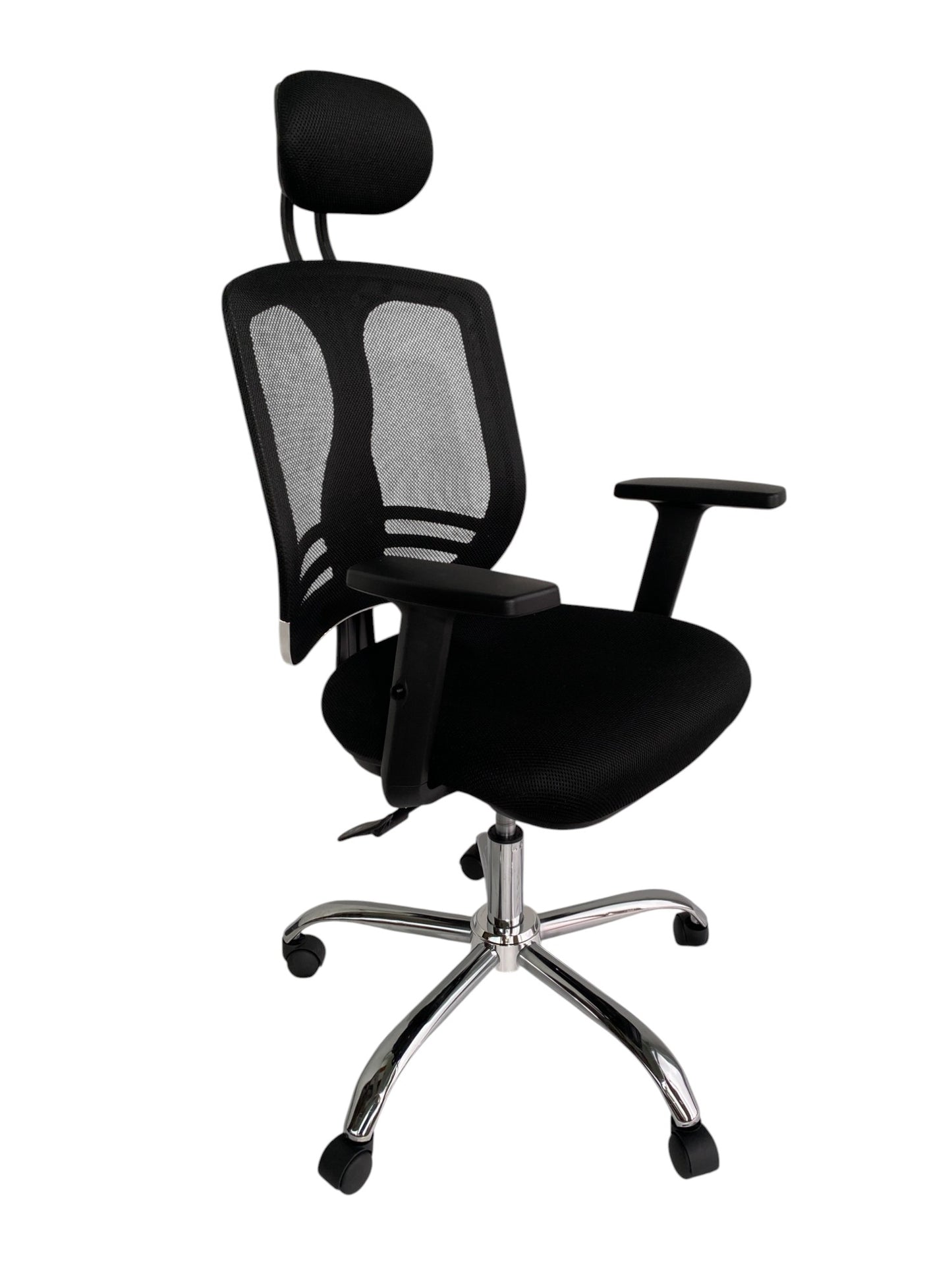 Silla ergonómica de oficina con respaldo de malla, apoya cabeza y base cromada