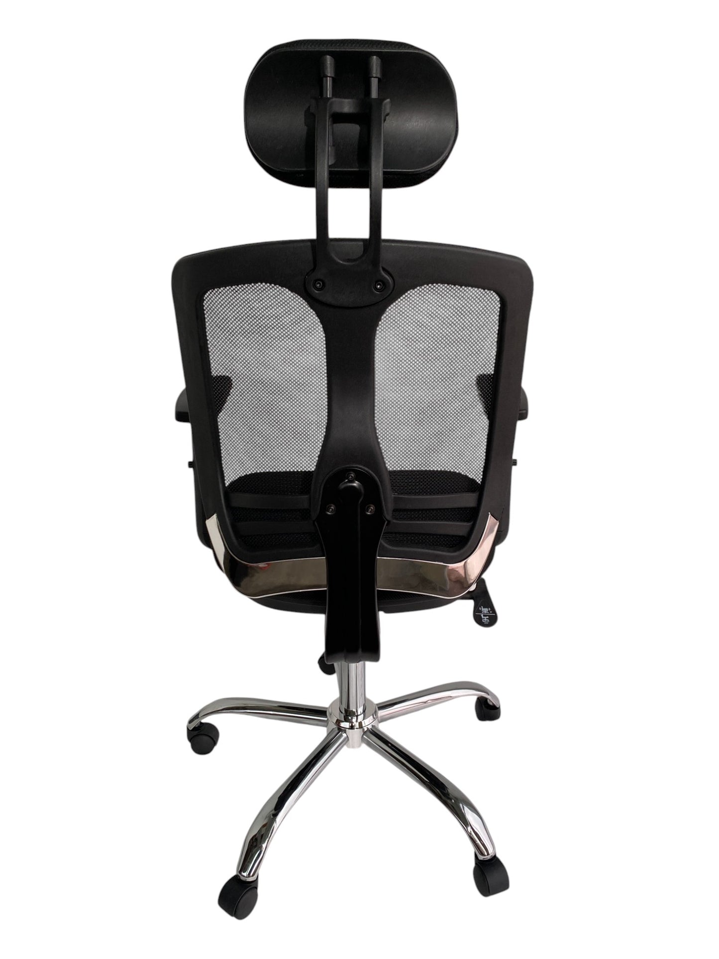 Silla ergonómica de oficina con respaldo de malla, apoya cabeza y base cromada
