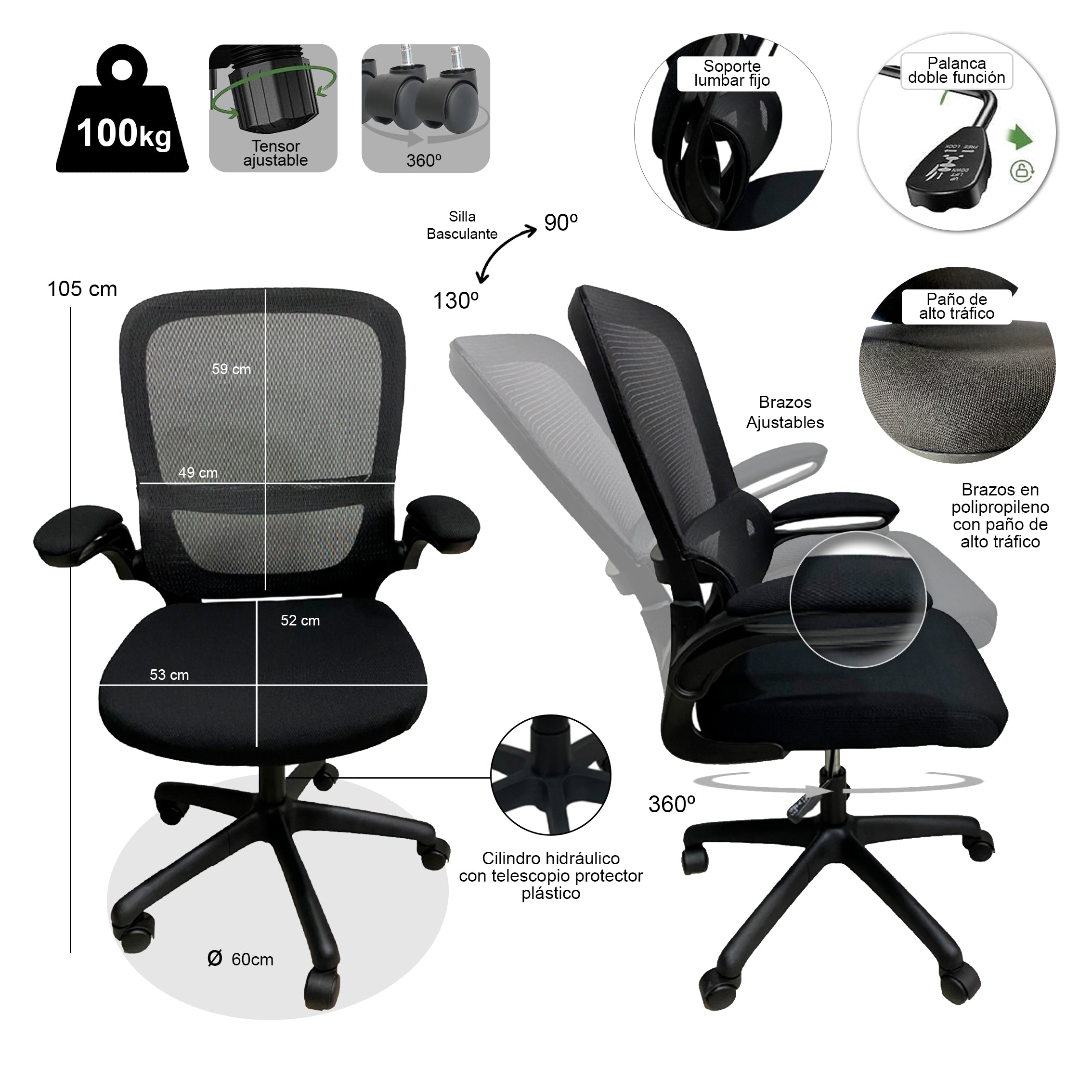 Cargar vídeo: Silla Kata - De Espaldar Alto con Brazos Ajustable