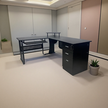 Escritorio forma de L con gaveteros negro moderno madera y metal – premium