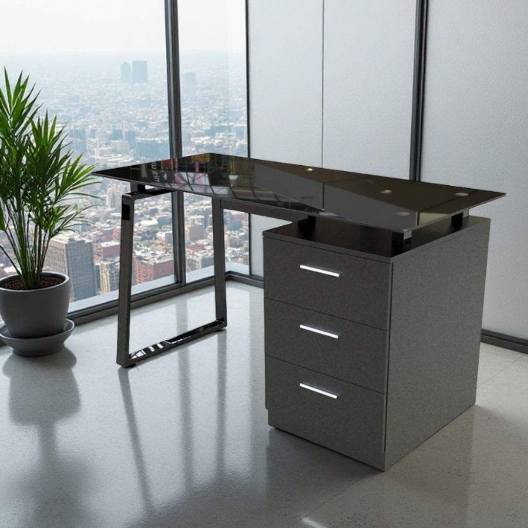 Escritorio con gaveteros diseño moderno vidrio y metal –  premium