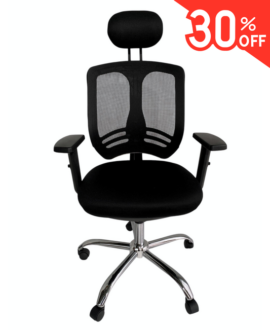 Silla ergonómica de oficina con respaldo de malla, apoya cabeza y base cromada
