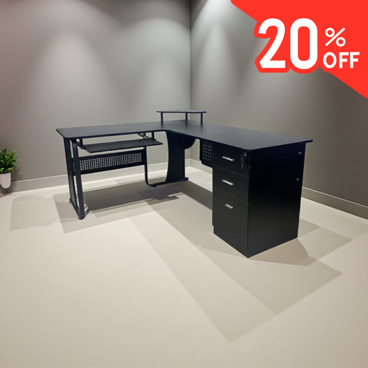 Escritorio forma de L con gaveteros negro moderno madera y metal – premium