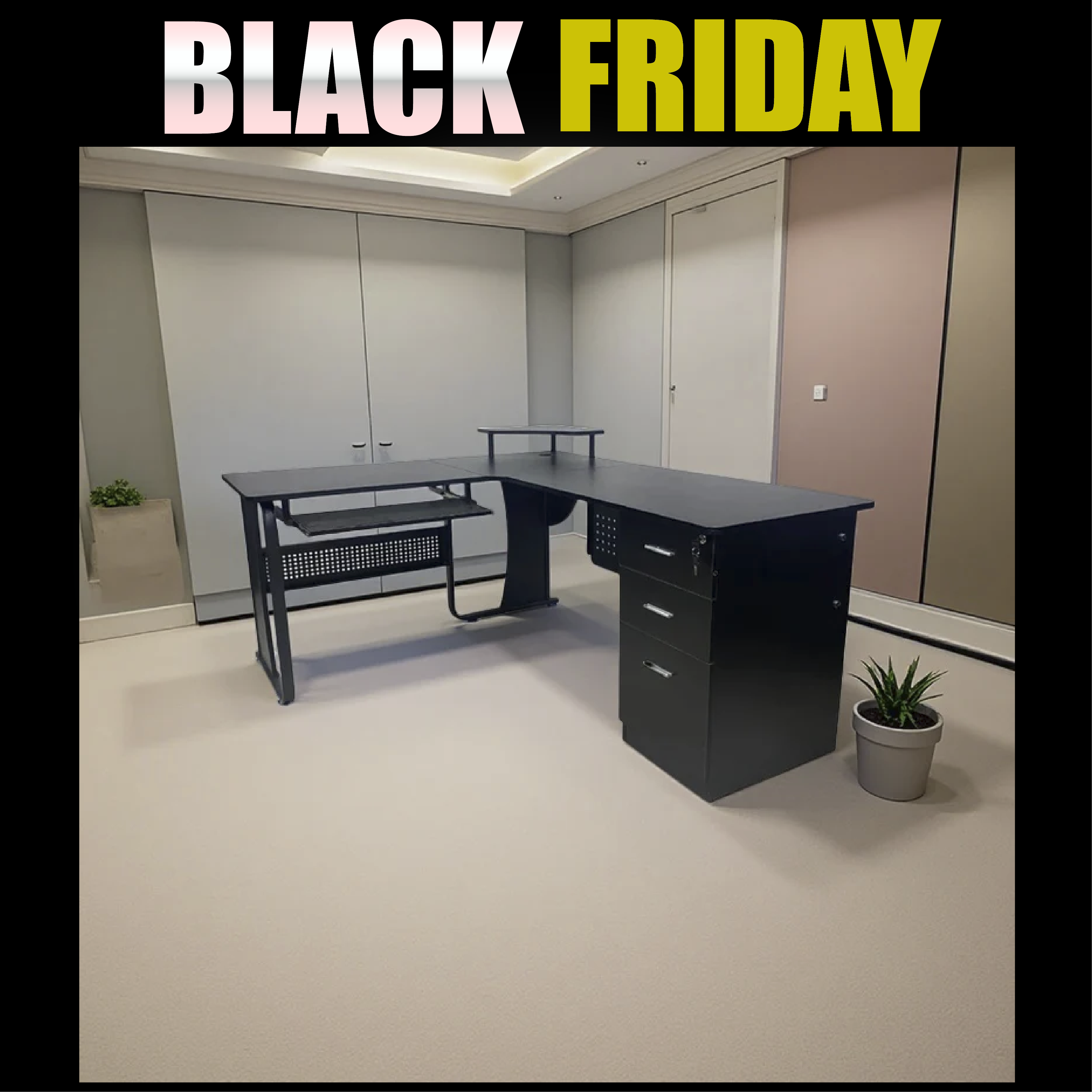 Escritorio forma de L con gaveteros negro moderno madera y metal – premium