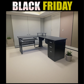 Escritorio forma de L con gaveteros negro moderno madera y metal – premium