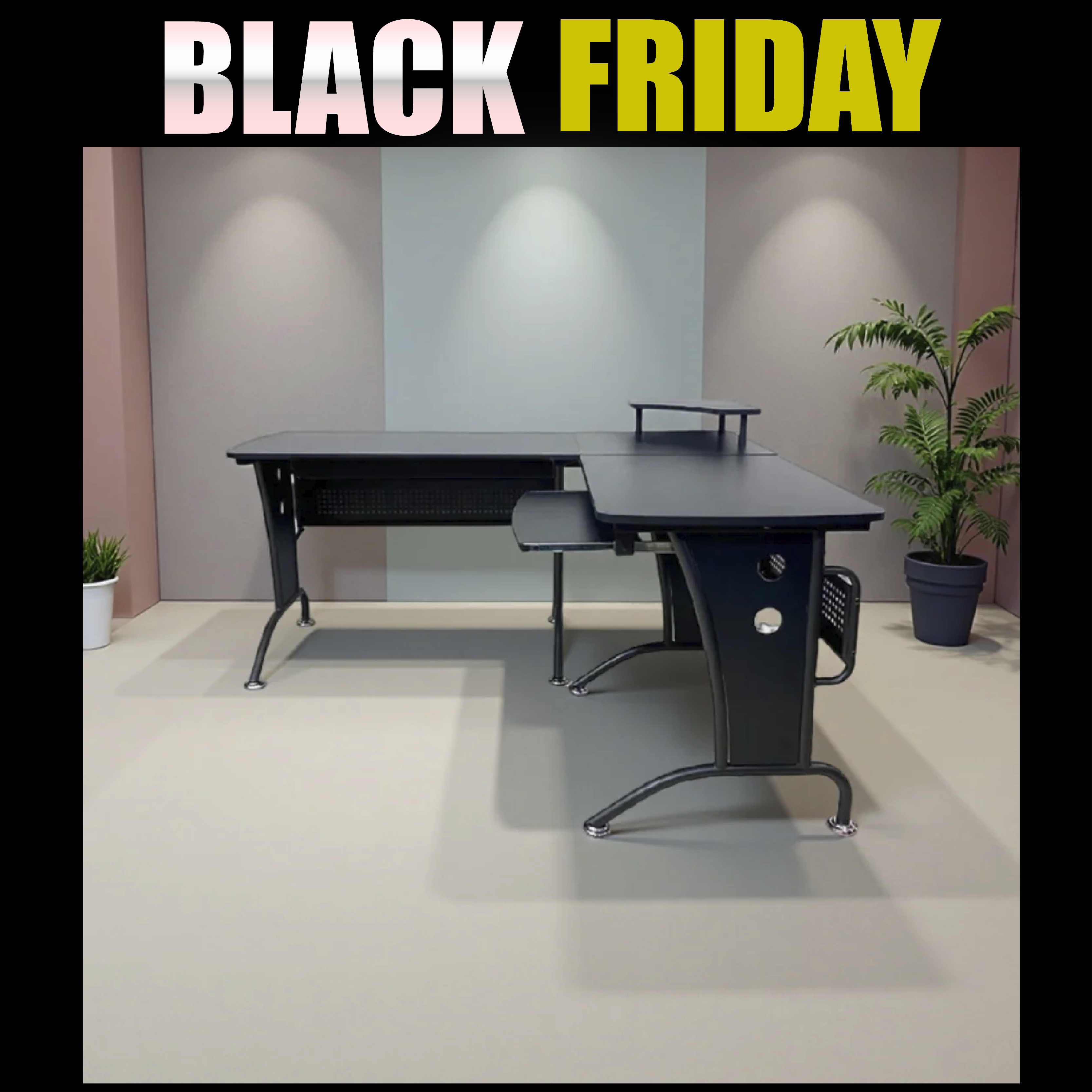 Escritorio en Forma de L -  Color Negro Moderno Madera y Metal