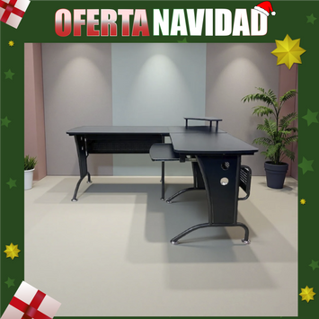 Escritorio en Forma de L -  Color Negro Moderno Madera y Metal