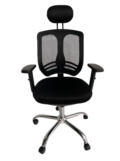 Silla ergonómica de oficina con respaldo de malla, apoya cabeza y base cromada
