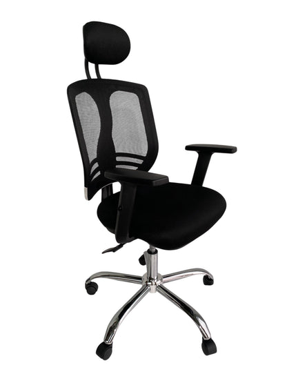 Silla ergonómica de oficina con respaldo de malla, apoya cabeza y base cromada