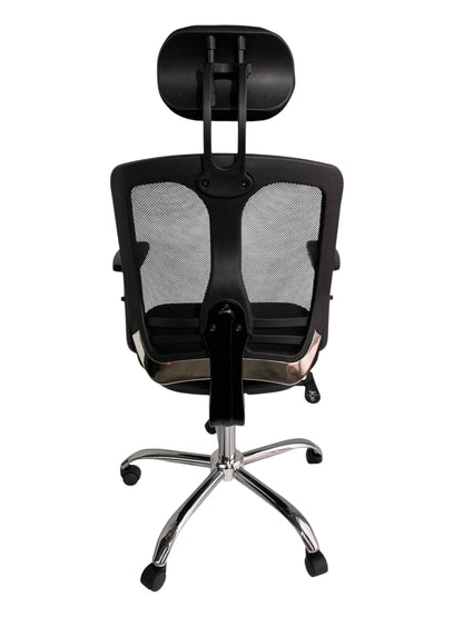 Silla ergonómica de oficina con respaldo de malla, apoya cabeza y base cromada