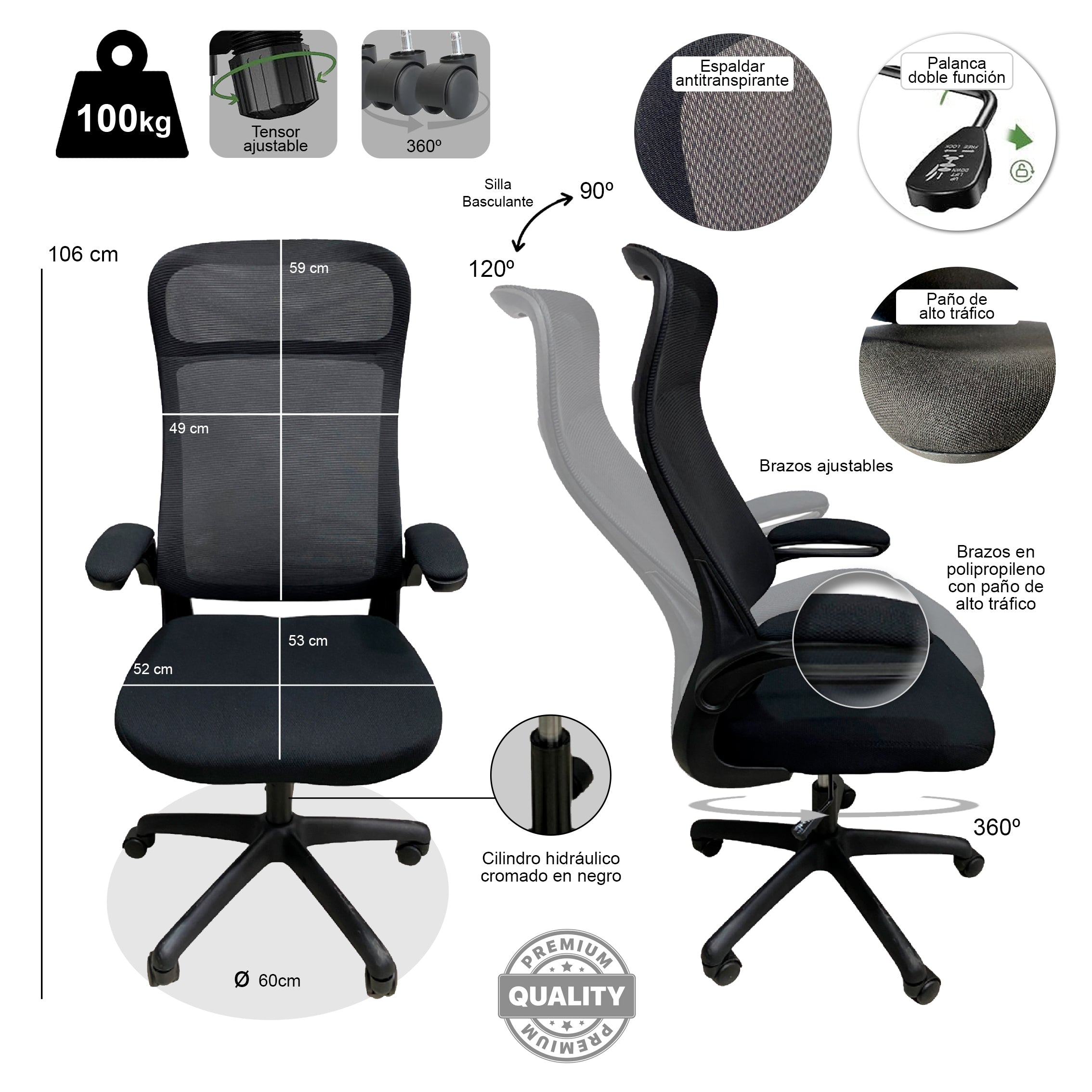 Silla Yesi -  moderna resistente con brazos ajustables y espaldar alto