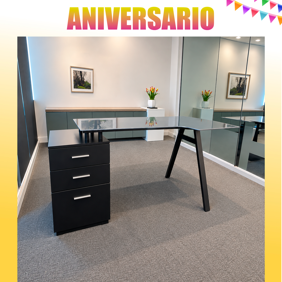 Escritorio RX D1159N2 con Superficie en Vidrio, Extensión y Gaveteros