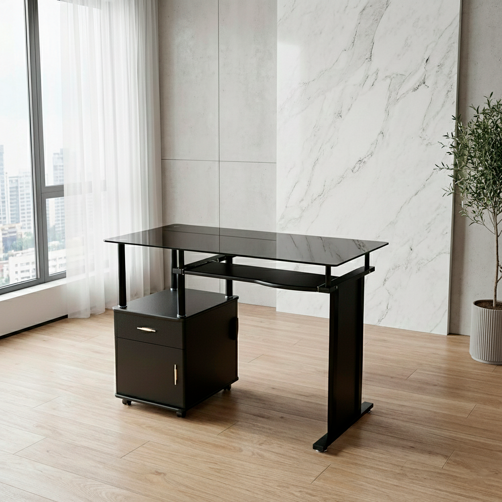 Escritorio de Vidrio y Gaveteros  Diseño Moderno - RX 7321